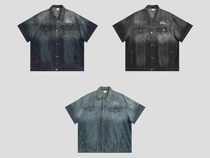 Custom Vintage Street Gradient Denim Short Sleeve Shirt