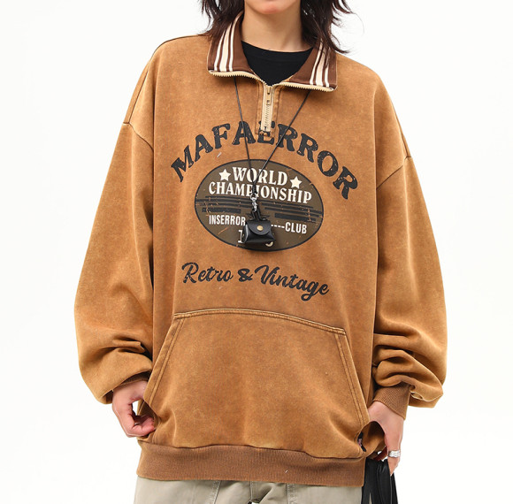 Custom Vintage Street Polo Lapel Sweatshirt | Batik & Screen Printing | Support OEM&ODM Customized