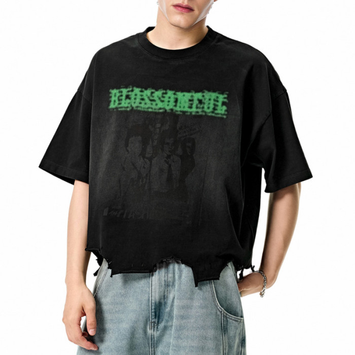 Custom Vintage Street Washed Boxy Short Sleeve T-Shirt | Washed & Ink Print T-Shirts | Support OEM&ODM