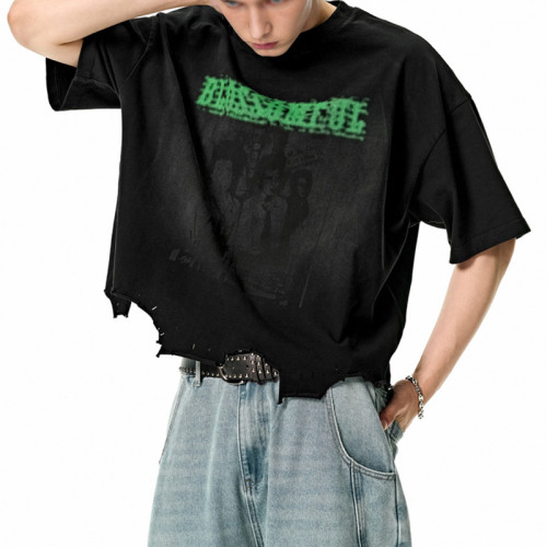 Custom Vintage Street Washed Boxy Short Sleeve T-Shirt | Washed & Ink Print T-Shirts | Support OEM&ODM