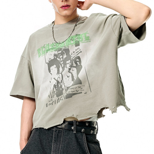 Custom Vintage Street Washed Boxy Short Sleeve T-Shirt | Washed & Ink Print T-Shirts | Support OEM&ODM