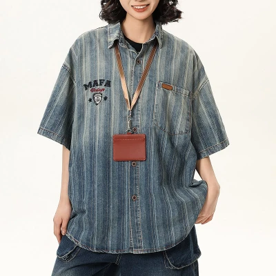Custom Vintage Striped Denim Shirts | Washed & Embroidery Process | High Street Gradient Design