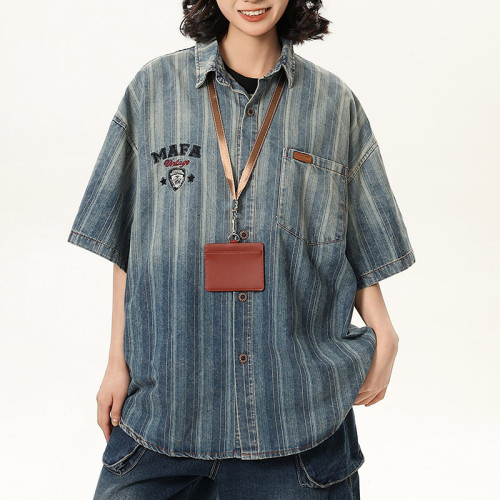 Custom Vintage Striped Denim Shirts | Washed & Embroidery Process | High Street Gradient Design