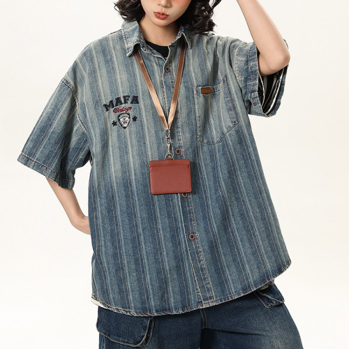 Custom Vintage Striped Denim Shirts | Washed & Embroidery Process | High Street Gradient Design