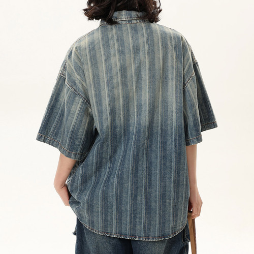 Custom Vintage Striped Denim Shirts | Washed & Embroidery Process | High Street Gradient Design