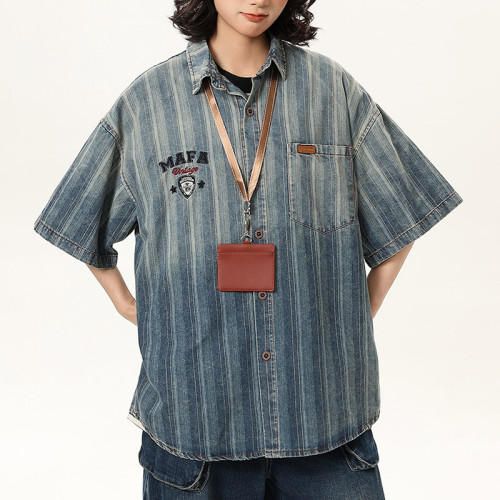Custom Vintage Striped Denim Shirts | Washed & Embroidery Process | High Street Gradient Design
