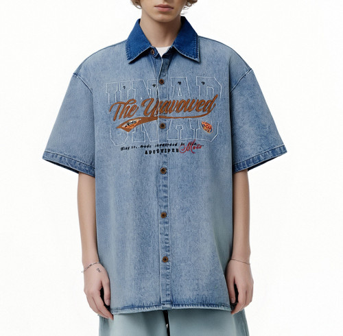 Custom Vintage Washed Denim Shirts | Washed & Embroidery Process | Embroidered Colorblocking Design