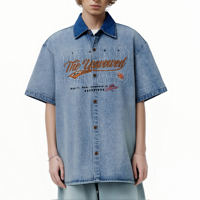 Custom Vintage Washed Denim Shirts | Washed & Embroidery Process | Embroidered Colorblocking Design