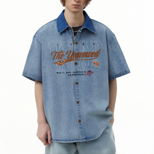 Custom Vintage Washed Denim Shirts | Washed & Embroidery Process | Embroidered Colorblocking Design
