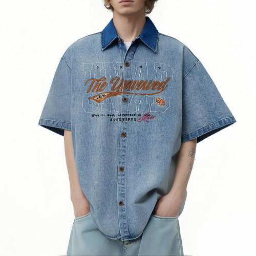 Custom Vintage Washed Denim Shirts | Washed & Embroidery Process | Embroidered Colorblocking Design