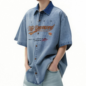Custom Vintage Washed Denim Shirts | Washed & Embroidery Process | Embroidered Colorblocking Design