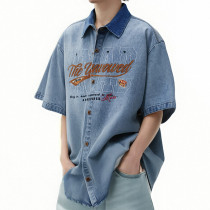 Custom Vintage Washed Denim Shirts | Washed & Embroidery Process | Embroidered Colorblocking Design