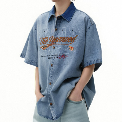 Custom Vintage Washed Denim Shirts | Washed & Embroidery Process | Embroidered Colorblocking Design