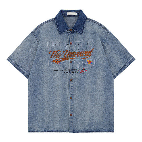 Custom Vintage Washed Denim Shirts | Washed & Embroidery Process | Embroidered Colorblocking Design