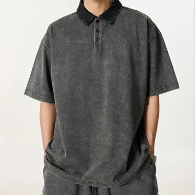 Customized Vintage Street Heavyweight Cotton T-Shirt | Washed & Aged | Oversized Fit Polo Shirt