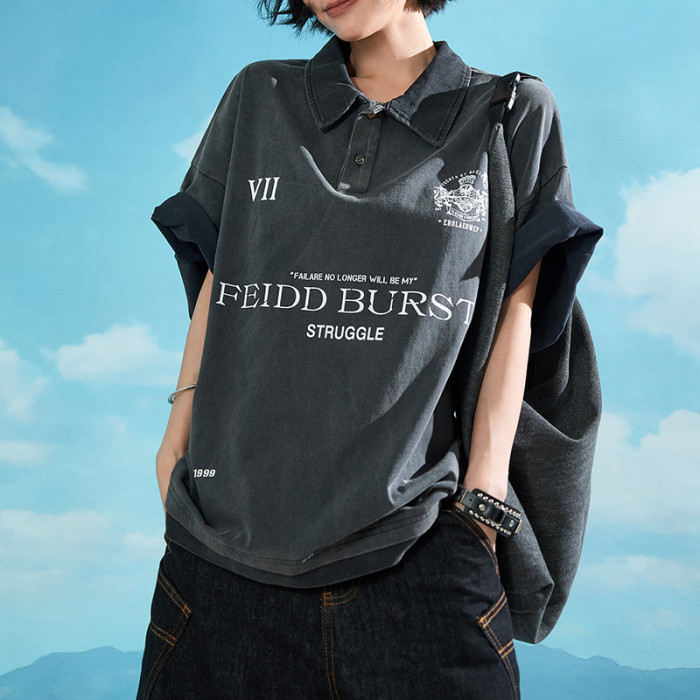 Custom Retro Streetwear Heavyweight Cotton T-Shirt | Washed & Screen Printed | Collared Polo Shirt