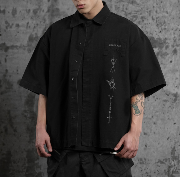 Custom Vintage Street Oversized Button-Down Shirt | Washed & DTG | Short Sleeve Open Wave Shirts