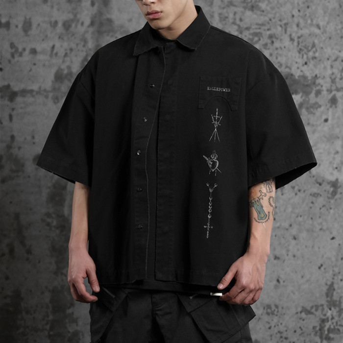 Custom Vintage Street Oversized Button-Down Shirt | Washed & DTG | Short Sleeve Open Wave Shirts