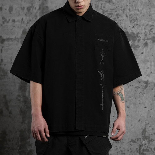 Custom Vintage Street Oversized Button-Down Shirt | Washed & DTG | Short Sleeve Open Wave Shirts