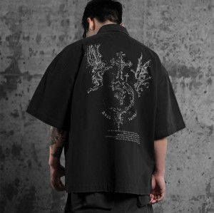 Custom Vintage Street Oversized Button-Down Shirt | Washed & DTG | Short Sleeve Open Wave Shirts