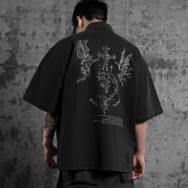 Custom Vintage Street Oversized Button-Down Shirt | Washed & DTG | Short Sleeve Open Wave Shirts