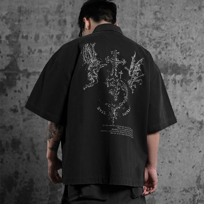 Custom Vintage Street Oversized Button-Down Shirt | Washed & DTG | Short Sleeve Open Wave Shirts