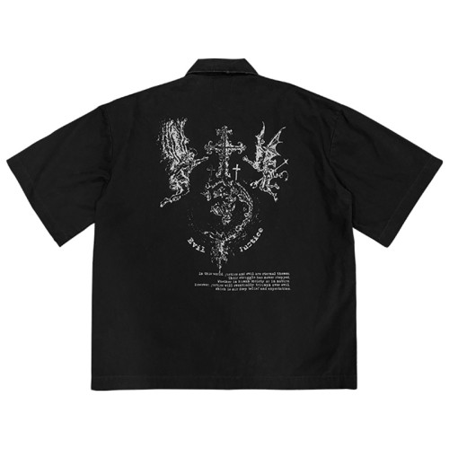 Custom Vintage Street Oversized Button-Down Shirt | Washed & DTG | Short Sleeve Open Wave Shirts