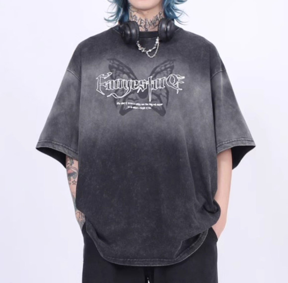 Custom Butterfly Print Short Sleeve T-Shirt | Dip-Dye & Embroidery & DTG Crafts | Vintage Streetwear T-shirts