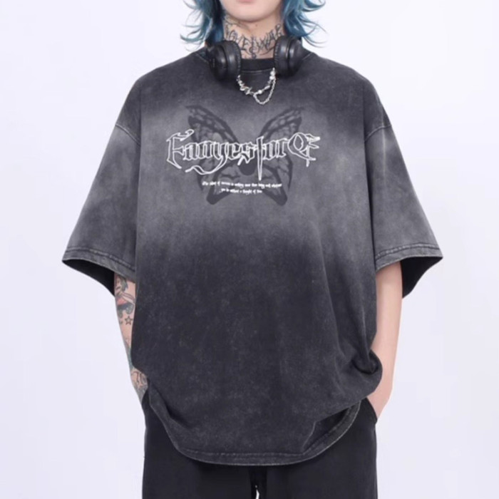 Custom Butterfly Print Short Sleeve T-Shirt | Dip-Dye & Embroidery & DTG Crafts | Vintage Streetwear T-shirts