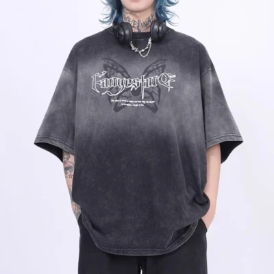 Custom Butterfly Print Short Sleeve T-Shirt | Dip-Dye & Embroidery & DTG Crafts | Vintage Streetwear T-shirts