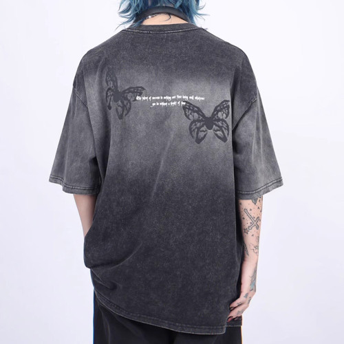 Custom Butterfly Print Short Sleeve T-Shirt | Dip-Dye & Embroidery & DTG Crafts | Vintage Streetwear T-shirts