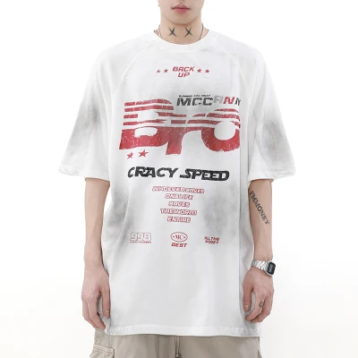 Custom Retro Street Letter Print Short Sleeve T-Shirt | Acid Washed & DTG Crafts | 100% Cotton T-shirts