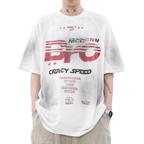 Custom Retro Street Letter Print Short Sleeve T-Shirt | Acid Washed & DTG Crafts | 100% Cotton T-shirts
