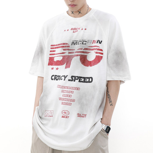 Custom Retro Street Letter Print Short Sleeve T-Shirt | Acid Washed & DTG Crafts | 100% Cotton T-shirts