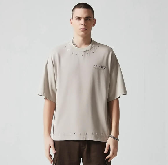 Custom Rivet Eyelet Letter Print T-shirt | 305G 100% Cotton Fabric | OEM T-Shirts Manufacturer