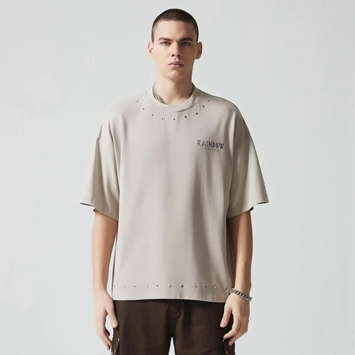 Custom Rivet Eyelet Letter Print T-shirt | 305G 100% Cotton Fabric | OEM T-Shirts Manufacturer