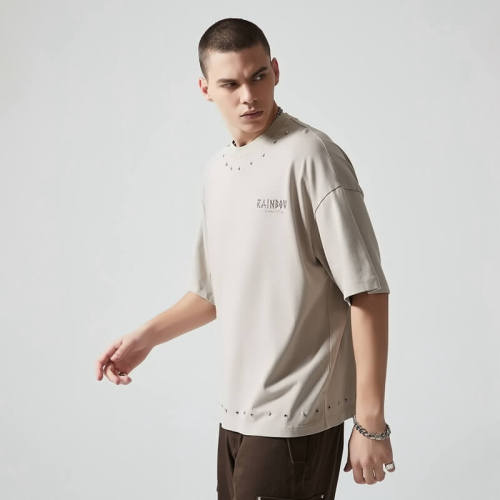 Custom Rivet Eyelet Letter Print T-shirt | 305G 100% Cotton Fabric | OEM T-Shirts Manufacturer