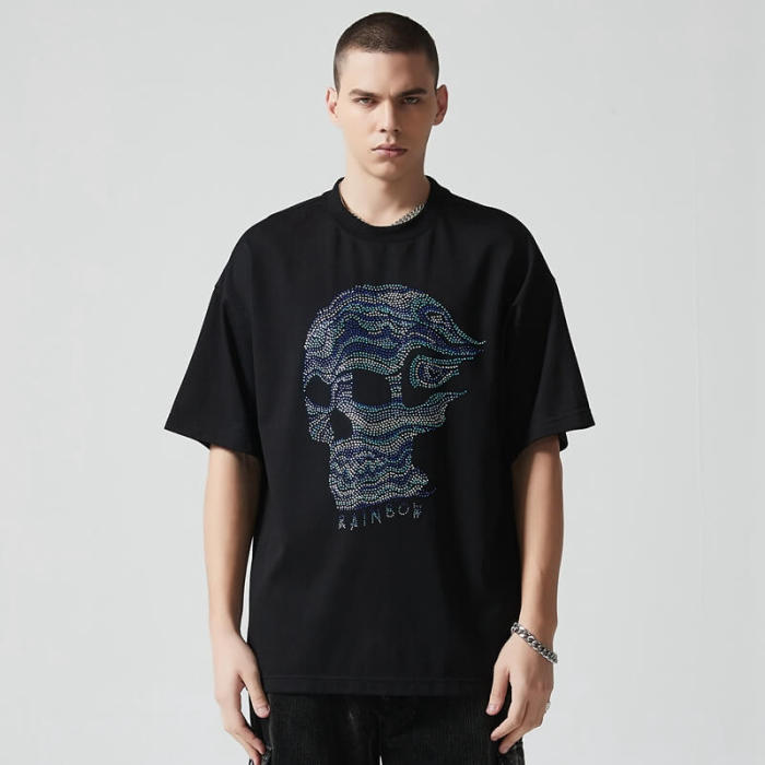 Custom Rhinestone Graphic T-shirts | Skull Print | 235GSM Sorona Fabric | OEM T-shirt Manufacturer