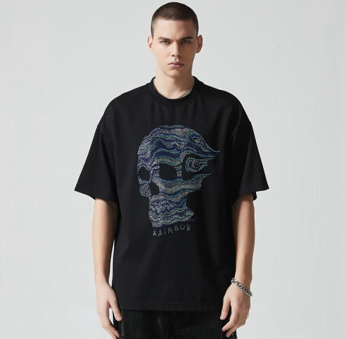 Custom Rhinestone Graphic T-shirts | Skull Print | 235GSM Sorona Fabric | OEM T-shirt Manufacturer