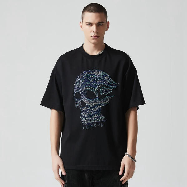 Custom Rhinestone Graphic T-shirts | Skull Print | 235GSM Sorona Fabric | OEM T-shirt Manufacturer