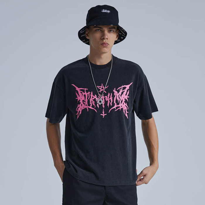 Custom Washed Oversized T-Shirts | Gothic Letter Print | 220G Pure Cotton Fabric | Custom OEM T-shirt