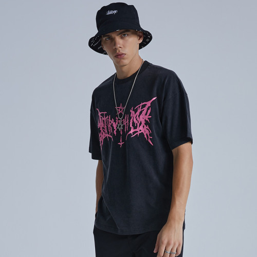 Custom Washed Oversized T-Shirts | Gothic Letter Print | 220G Pure Cotton Fabric | Custom OEM T-shirt