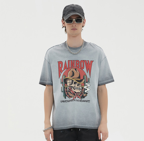 Custom Vintage Graphic T-shirts | Cowboy Skull Smoking Print | 230GSM Cotton Knit Fabric | OEM & ODM