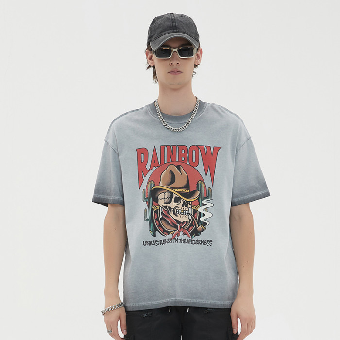 Custom Vintage Graphic T-shirts | Cowboy Skull Smoking Print | 230GSM Cotton Knit Fabric | OEM & ODM