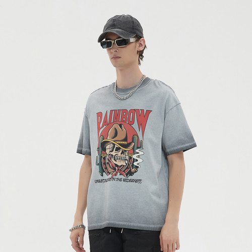 Custom Vintage Graphic T-shirts | Cowboy Skull Smoking Print | 230GSM Cotton Knit Fabric | OEM & ODM