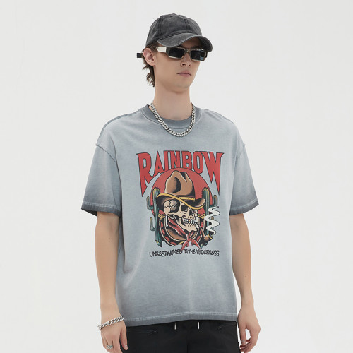 Custom Vintage Graphic T-shirts | Cowboy Skull Smoking Print | 230GSM Cotton Knit Fabric | OEM & ODM
