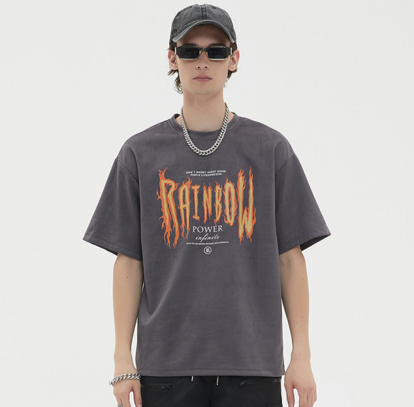 Custom Vintage Graphic T-shirts | Flaming Letter Print | 260GSM Suede Fabric | OEM & ODM
