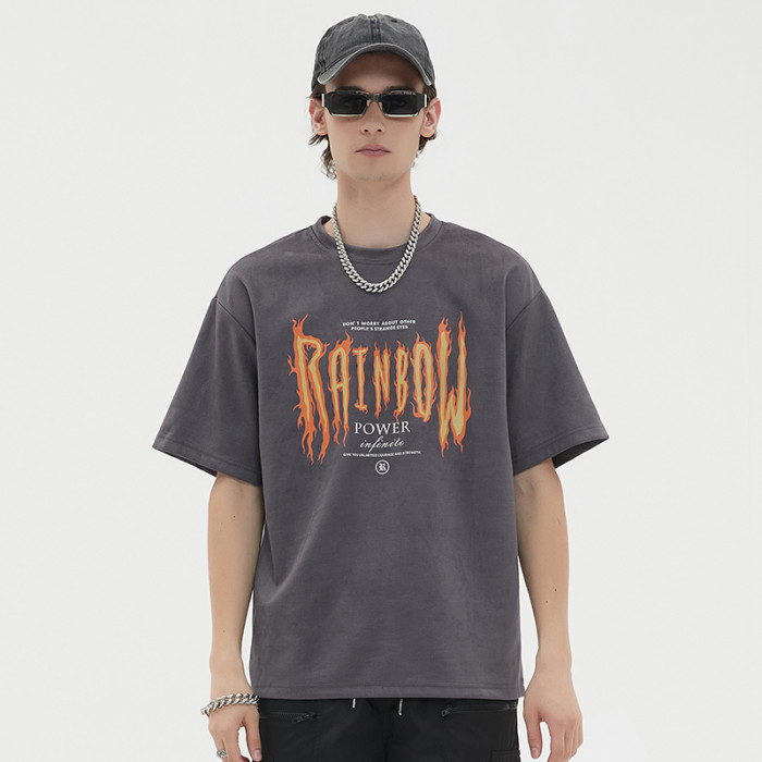 Custom Vintage Graphic T-shirts | Flaming Letter Print | 260GSM Suede Fabric | OEM & ODM