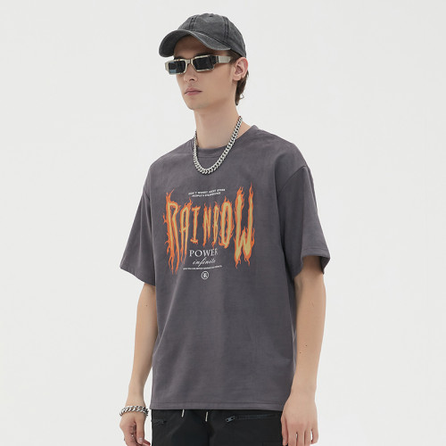 Custom Vintage Graphic T-shirts | Flaming Letter Print | 260GSM Suede Fabric | OEM & ODM