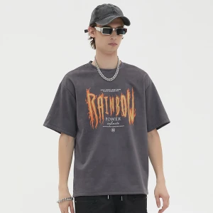 Custom Vintage Graphic T-shirts | Flaming Letter Print | 260GSM Suede Fabric | OEM & ODM